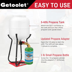 Getoolet adapter in use refilling a 1 lb bottle from large propane tank safely
