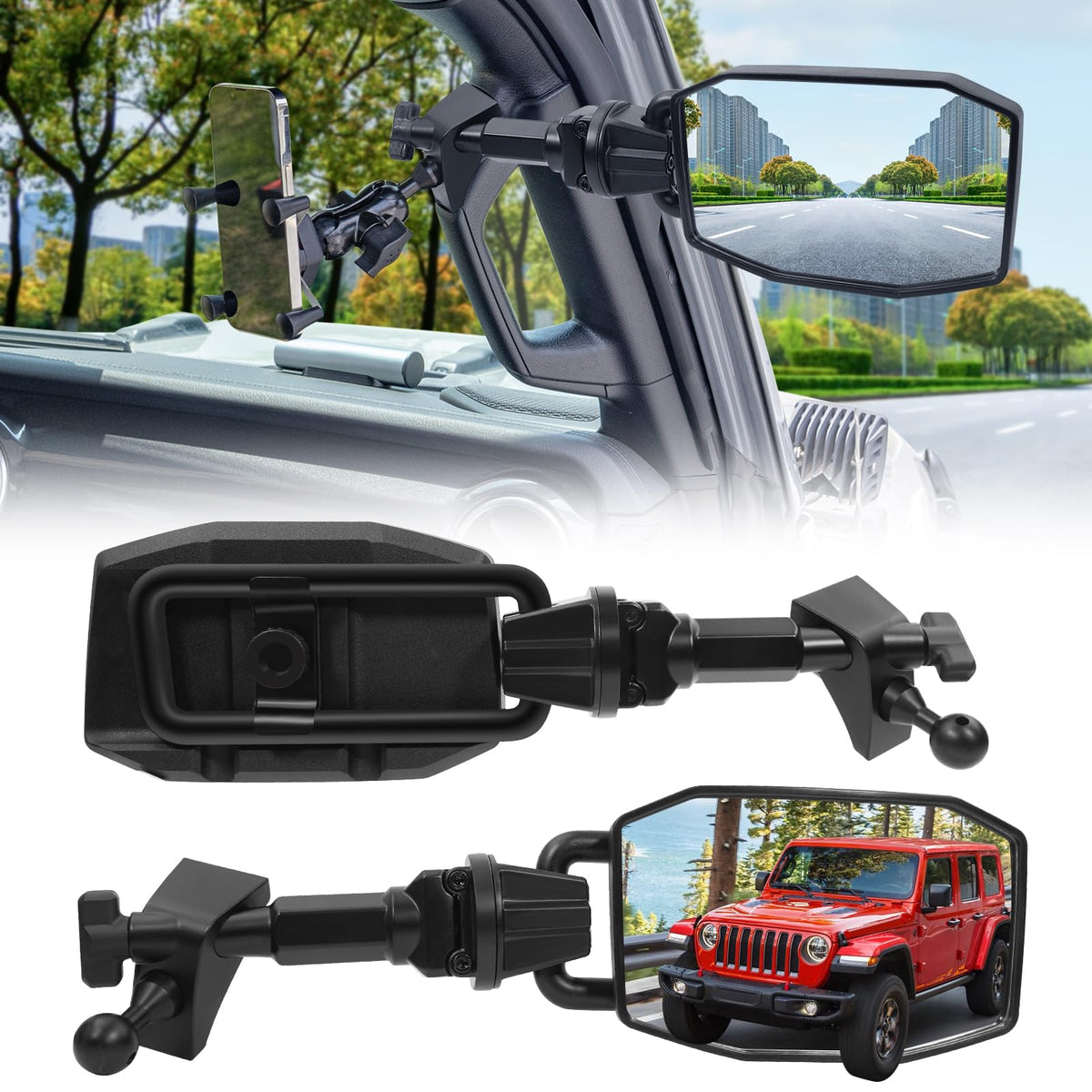 GEVINFA front-mounted mirror on Jeep showing secure fit and improved visibility
