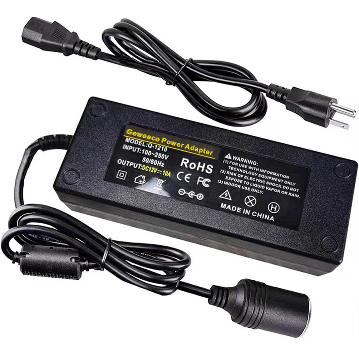 Geweeco front view of adapter showing socket and plug, clear home power use