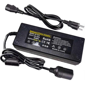 Geweeco front view of adapter showing socket and plug, clear home power use