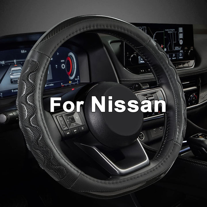 GIANT PANDA front view of black D-shaped steering wheel cover showing fit