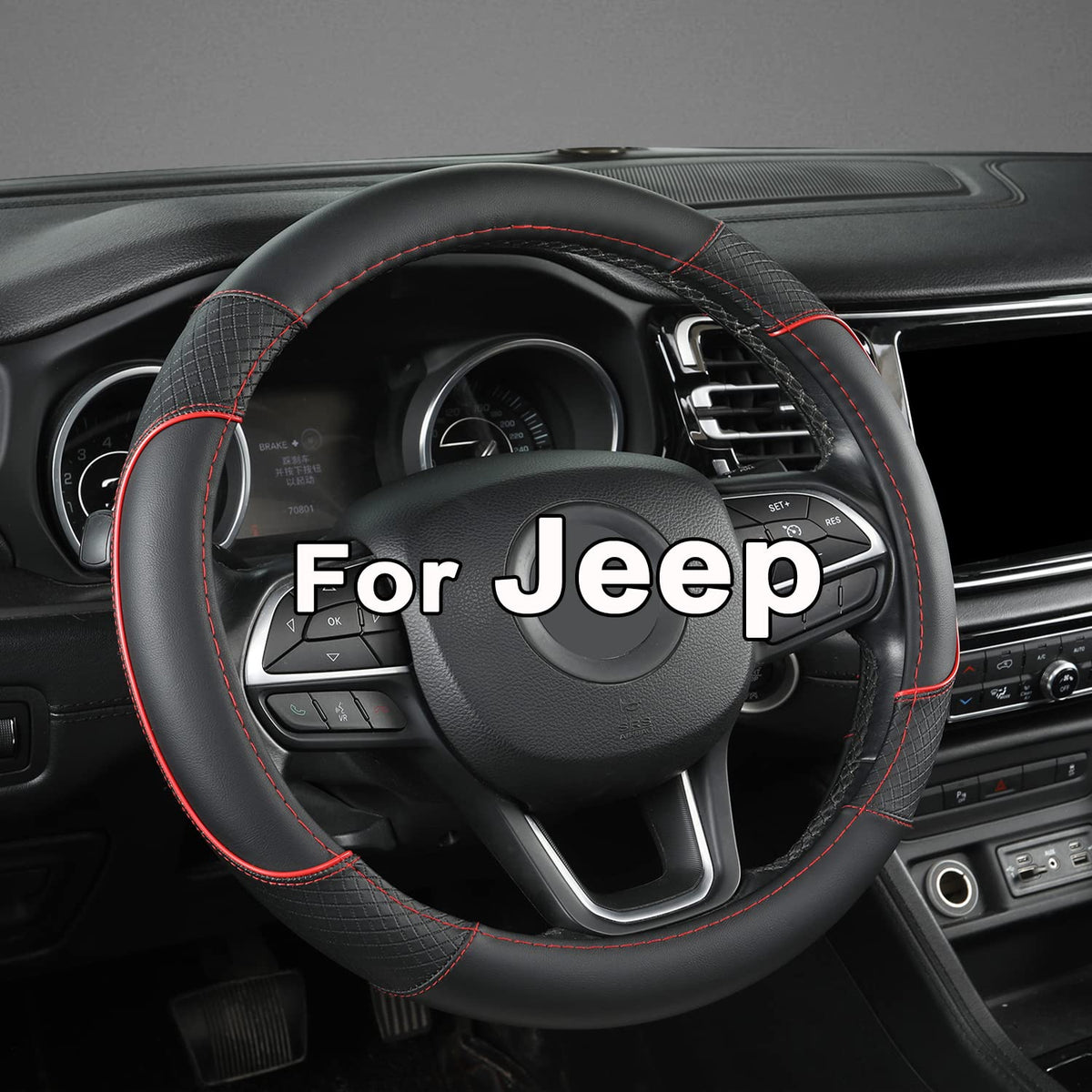 GIANT PANDA front view of black steering wheel cover with red trim enhancing cabin style