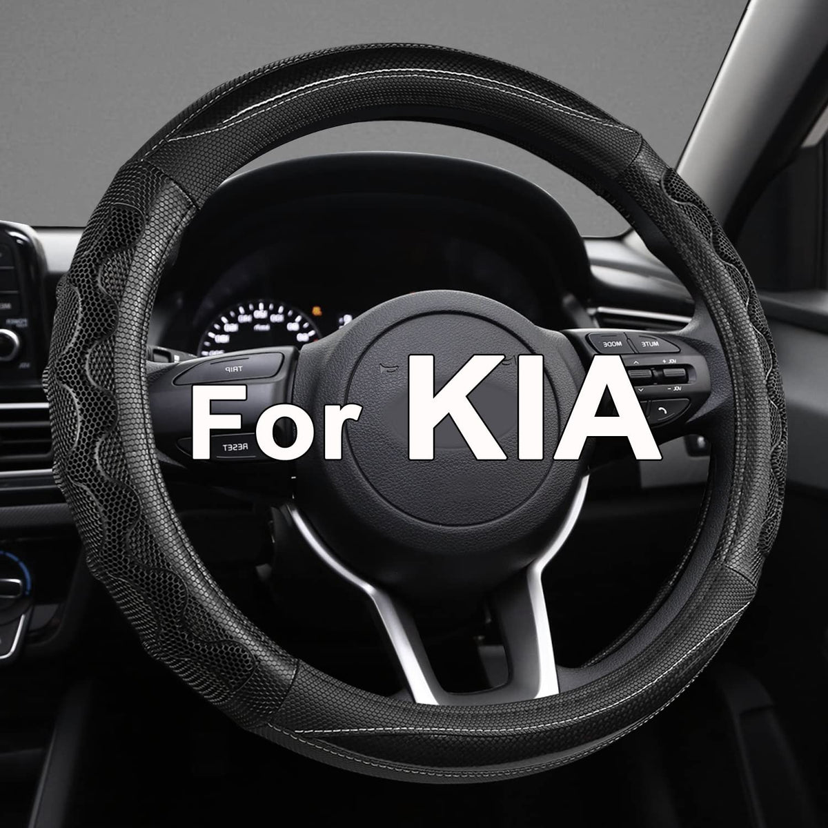 GIANT PANDA front view of steering cover shows fit and black finish for Kia