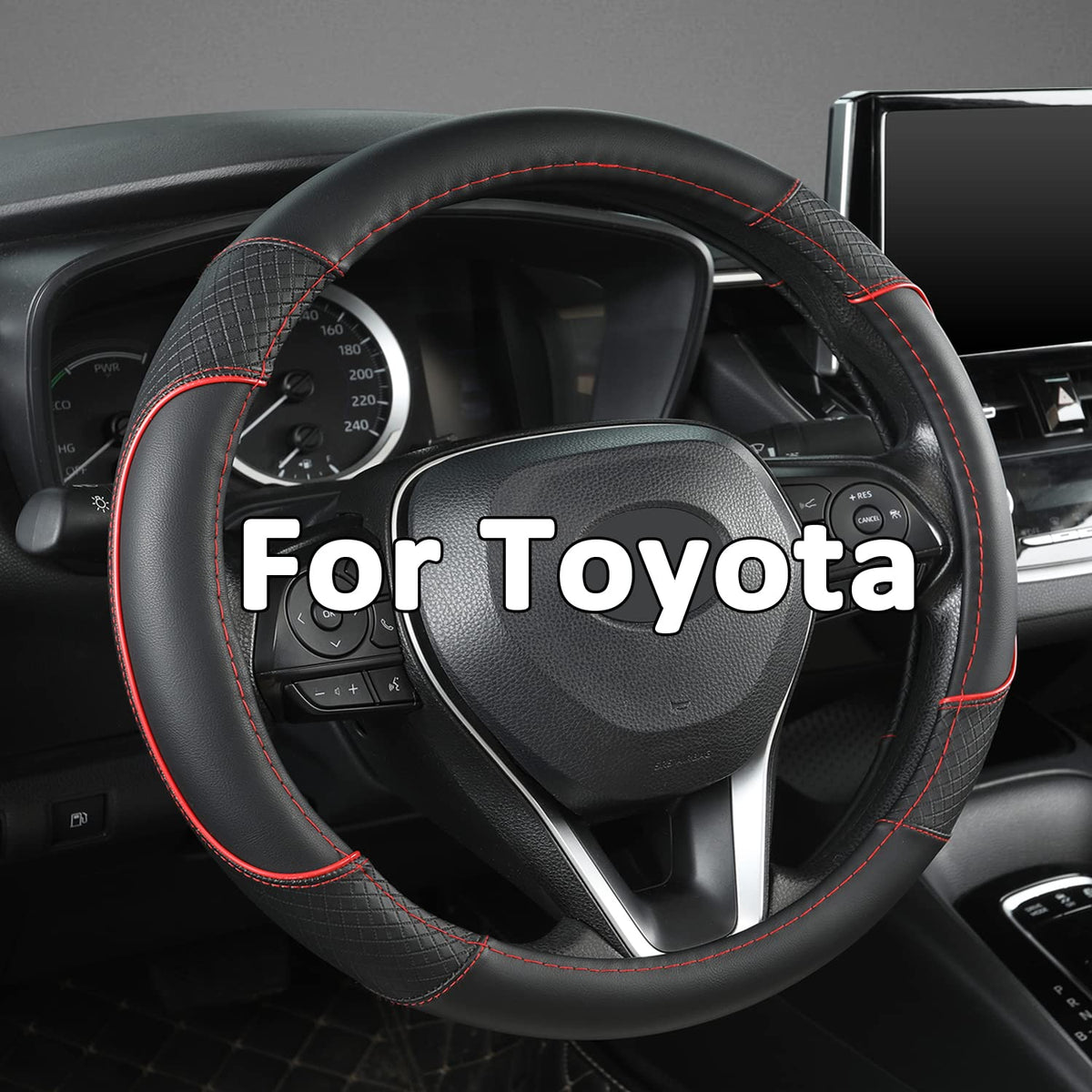 GIANT PANDA front view of steering wheel cover showing black and red trim benefit: stylish protection