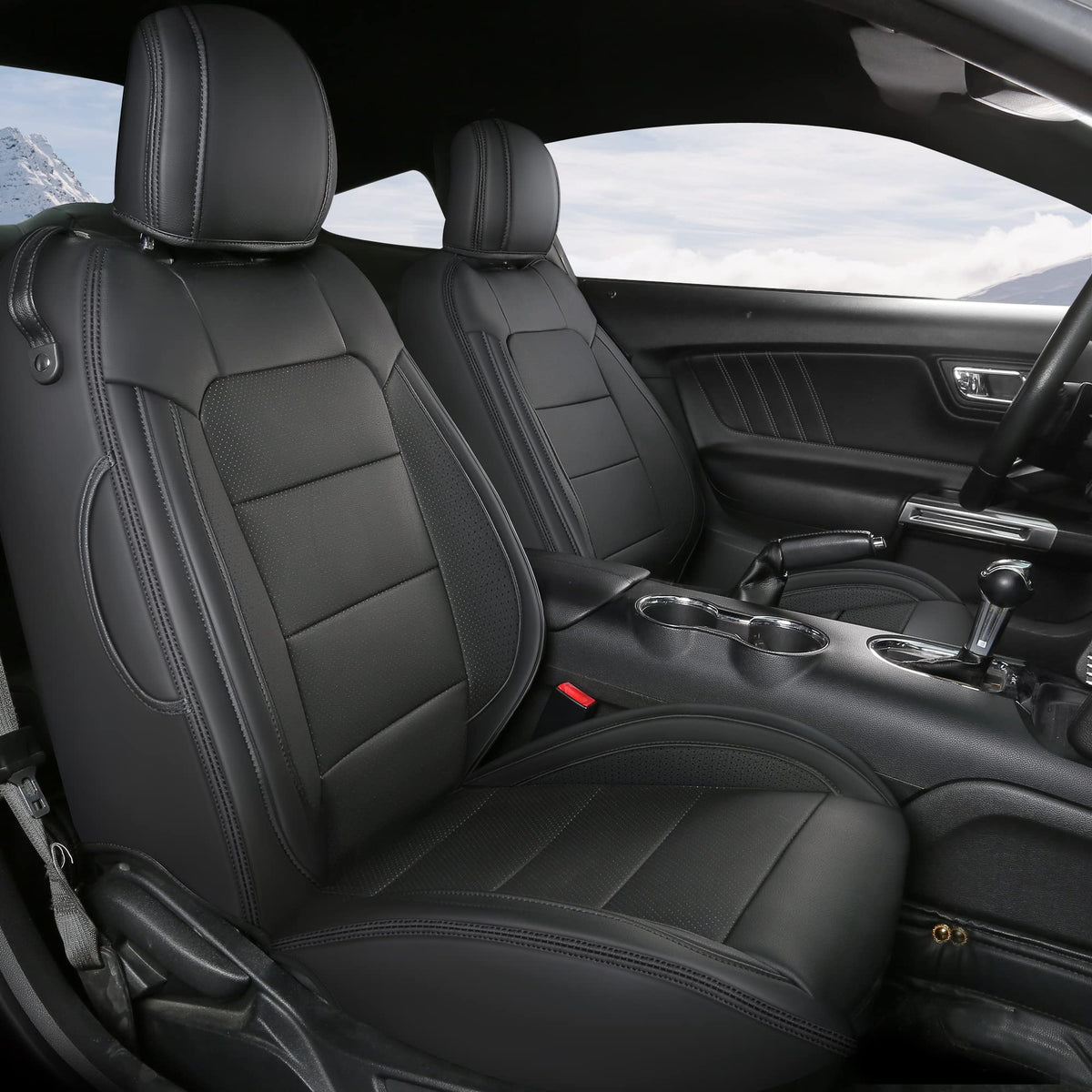 GIANT PANDA front seat cover on Mustang showing full fit and protection