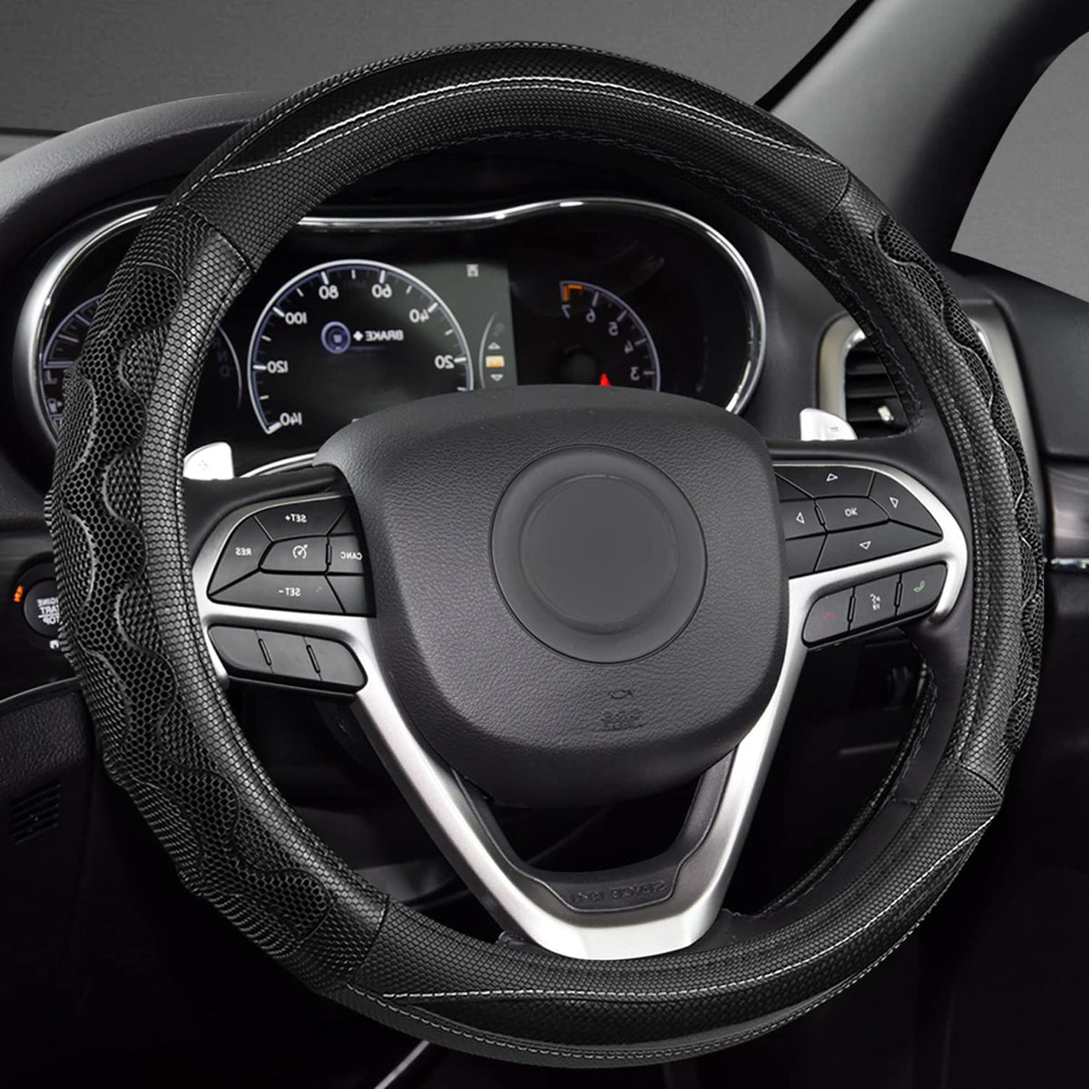 GIANT PANDA front view of steering wheel cover showing neat fit and protection