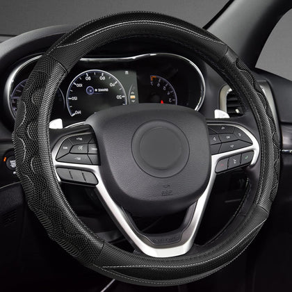 GIANT PANDA front view of steering wheel cover showing neat fit and protection