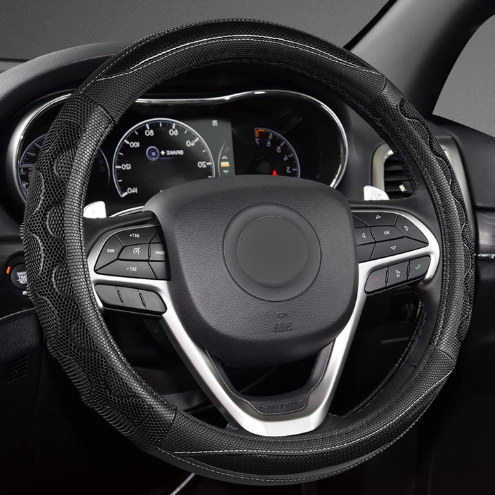 GIANT PANDA front view of steering wheel cover showing neat fit and protection