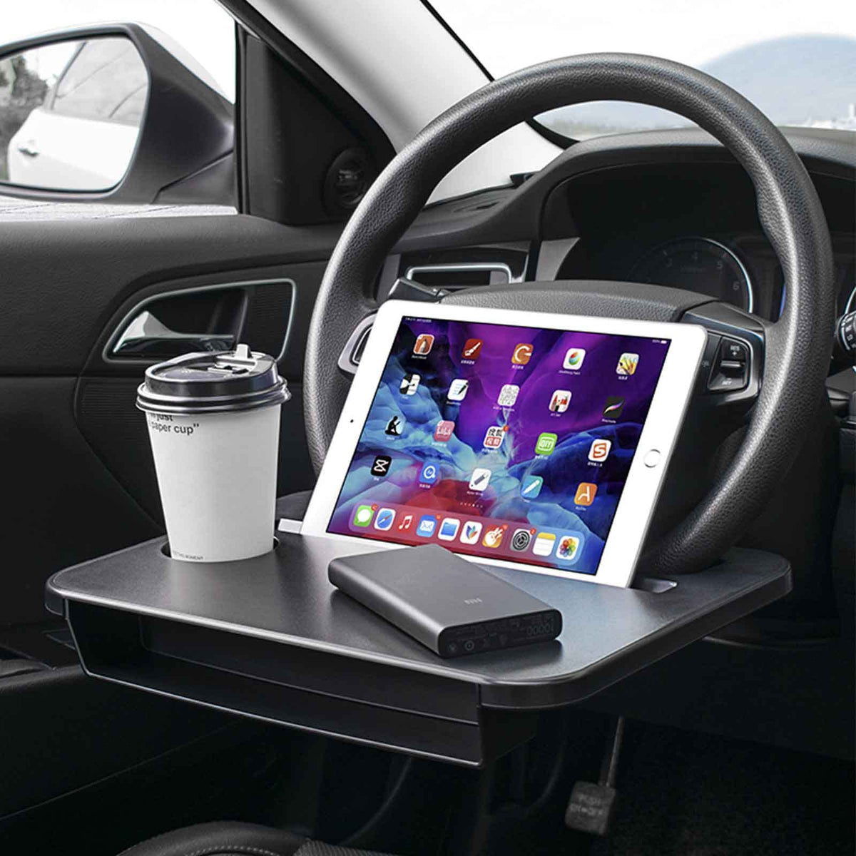 gihunk front view steering wheel tray showing full tabletop and cup holder, adds stable surface