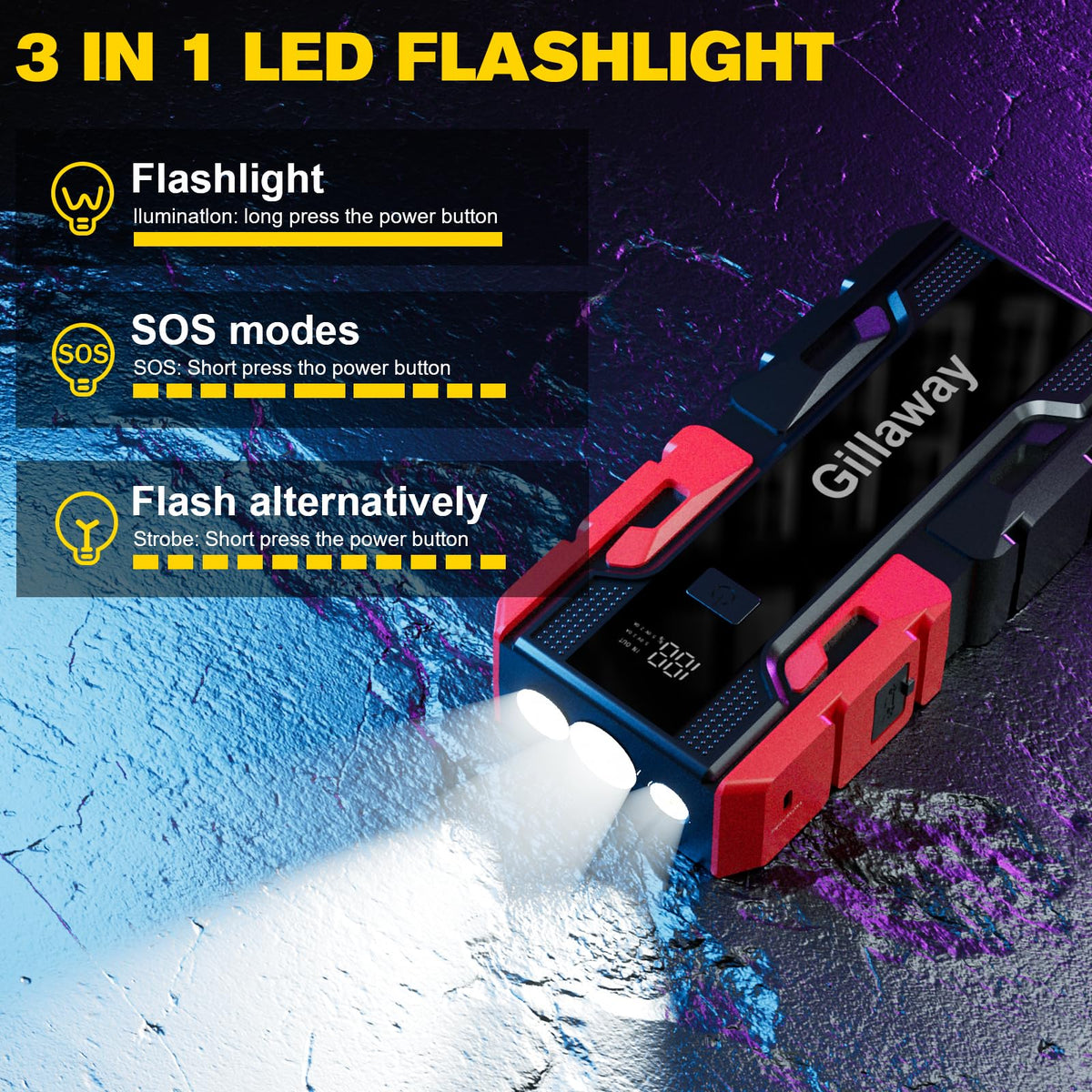 Gillaway jump starter connected to a car battery demonstrating fast vehicle restart capability