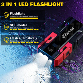 Gillaway jump starter connected to a car battery demonstrating fast vehicle restart capability