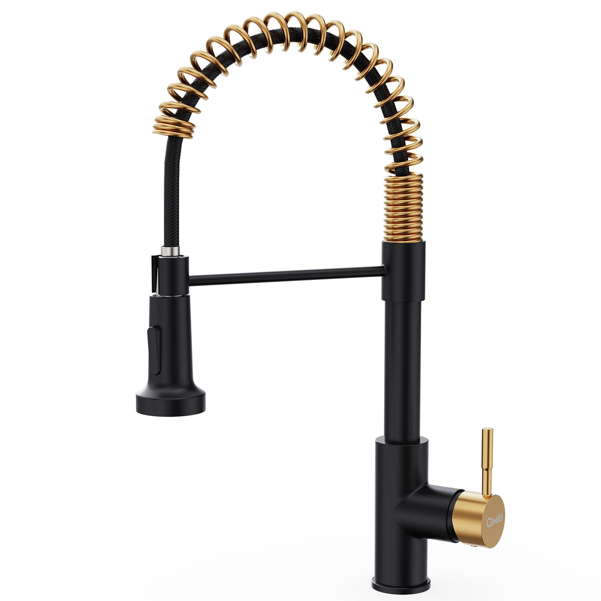 GIMILI faucet front view showing black and gold finish and high arc benefit