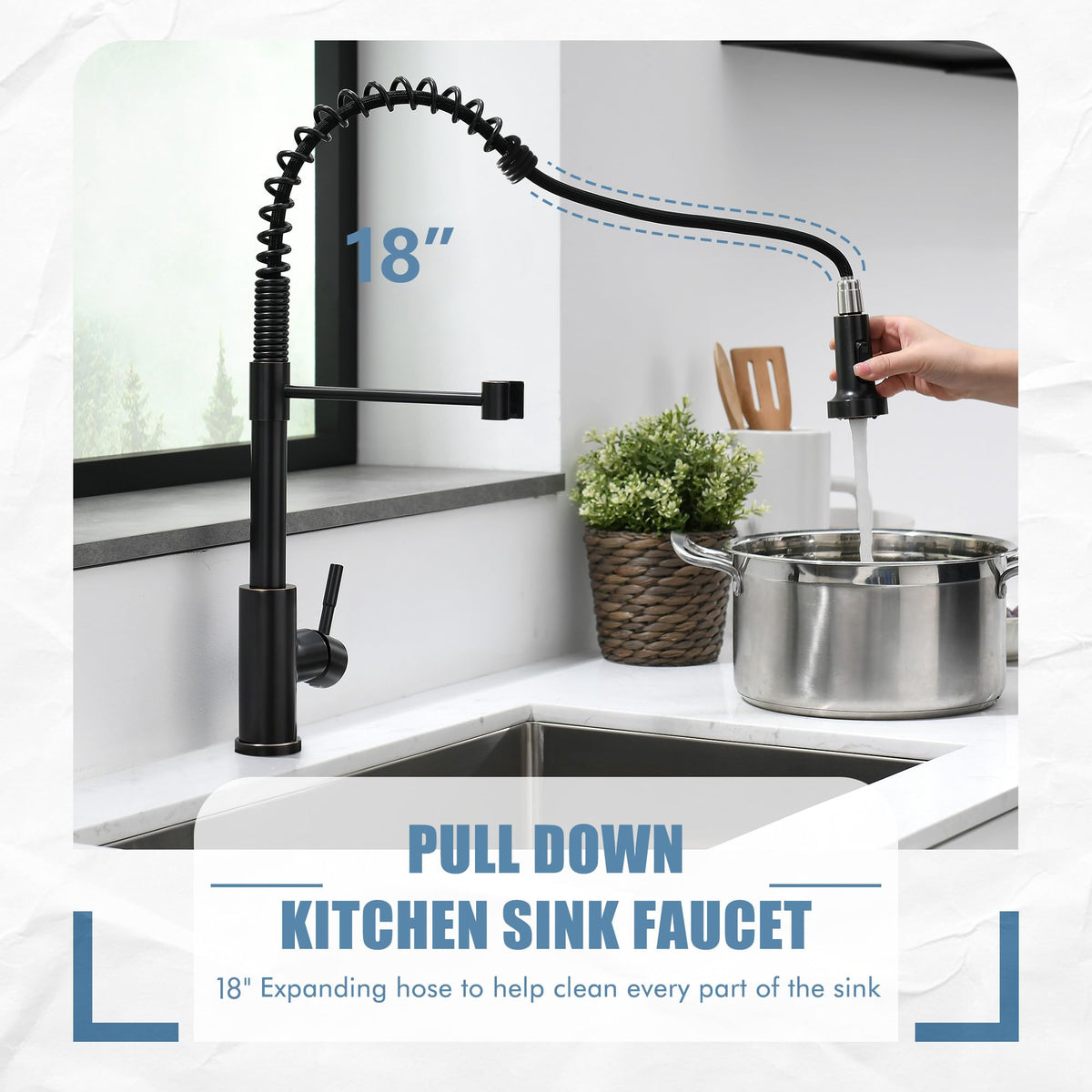 GIMILI pull-down hose extended across sink demonstrating reach and flexible cleaning benefit