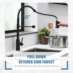GIMILI pull-down hose extended across sink demonstrating reach and flexible cleaning benefit