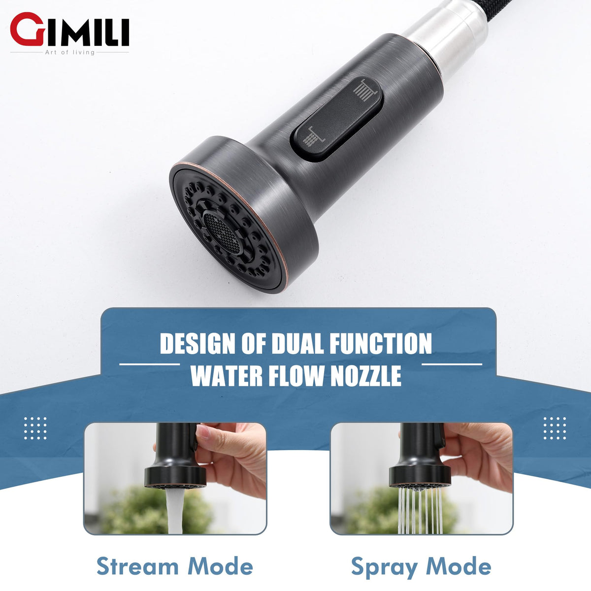 GIMILI spray mode rinsing vegetables showing splash control and efficient cleaning benefit