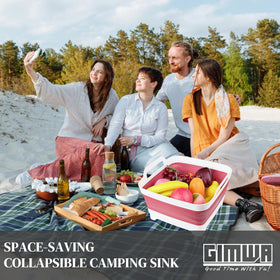 GIMWA basin beside a standard water bottle, shows 2.4-gallon capacity scale