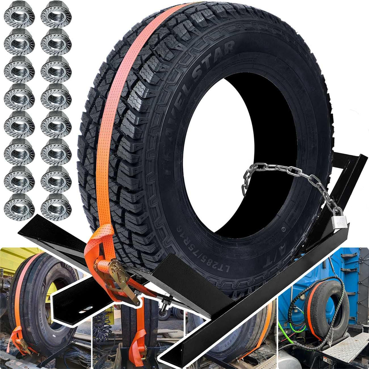 gjkldcvb front-mounted tire rack showing fitment and easy access benefit