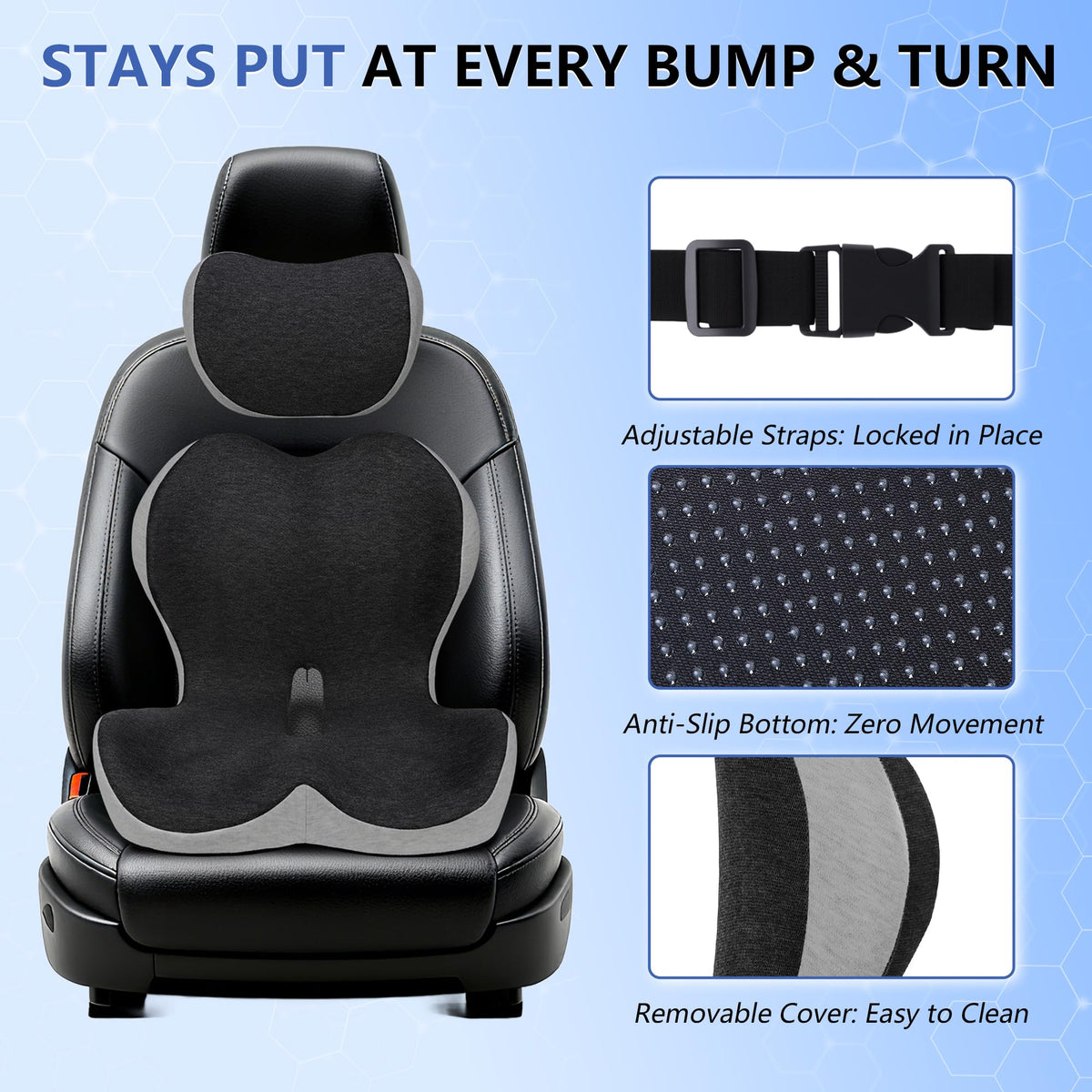 GKTKG adjustable memory foam neck pillow showing contour fit for driving comfort