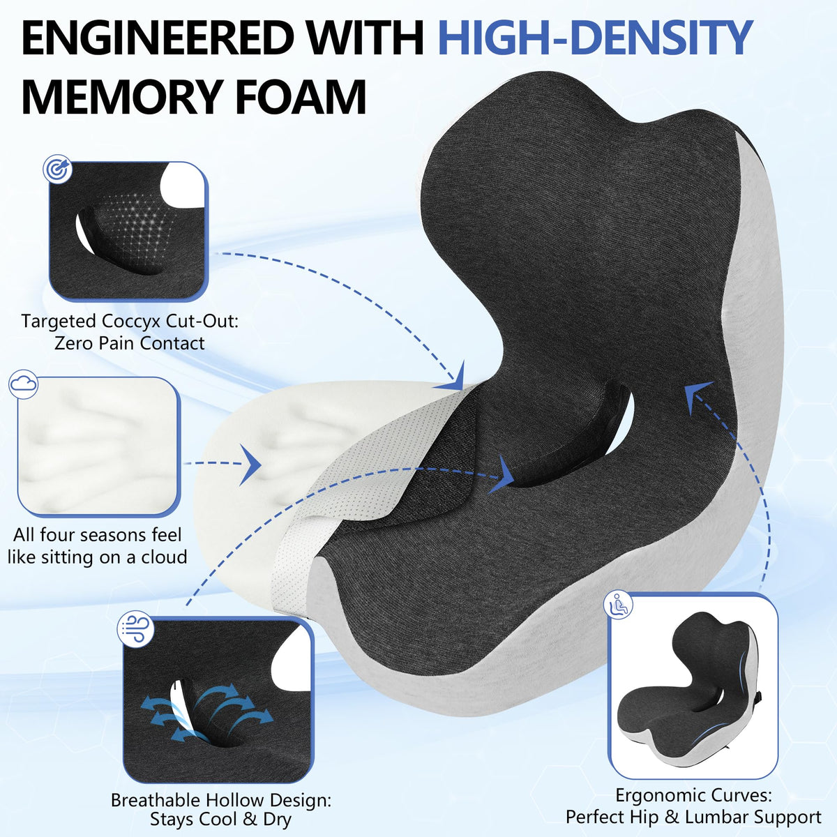 GKTKG U-shaped coccyx cutout detail demonstrating spine-aligned support