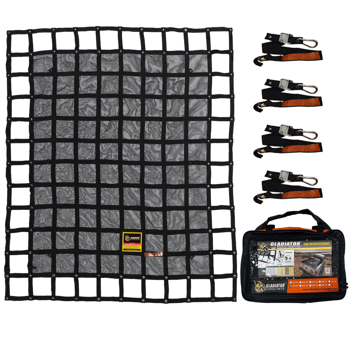 Gladiator Cargo Nets front view showing full 6.75x8 ft net and heavy-duty webbing for secure hauling