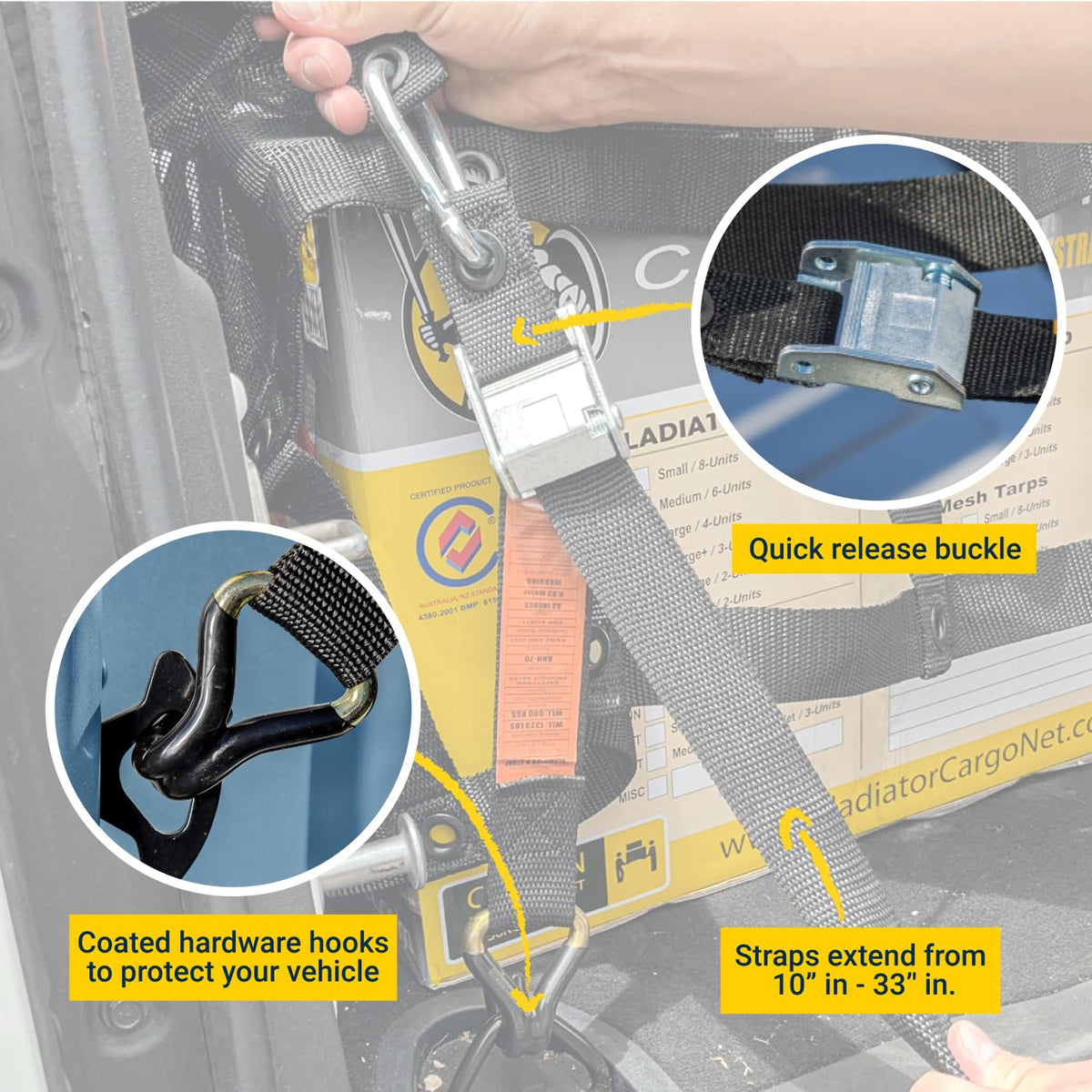 Gladiator Cargo Nets grommet and triple-layered reinforced edge detailing improved load distribution