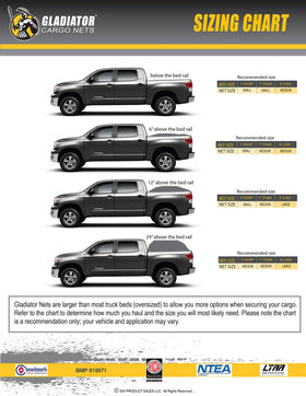 Gladiator Cargo Nets next to ruler showing dimensions and scale for pickup and trailer fit