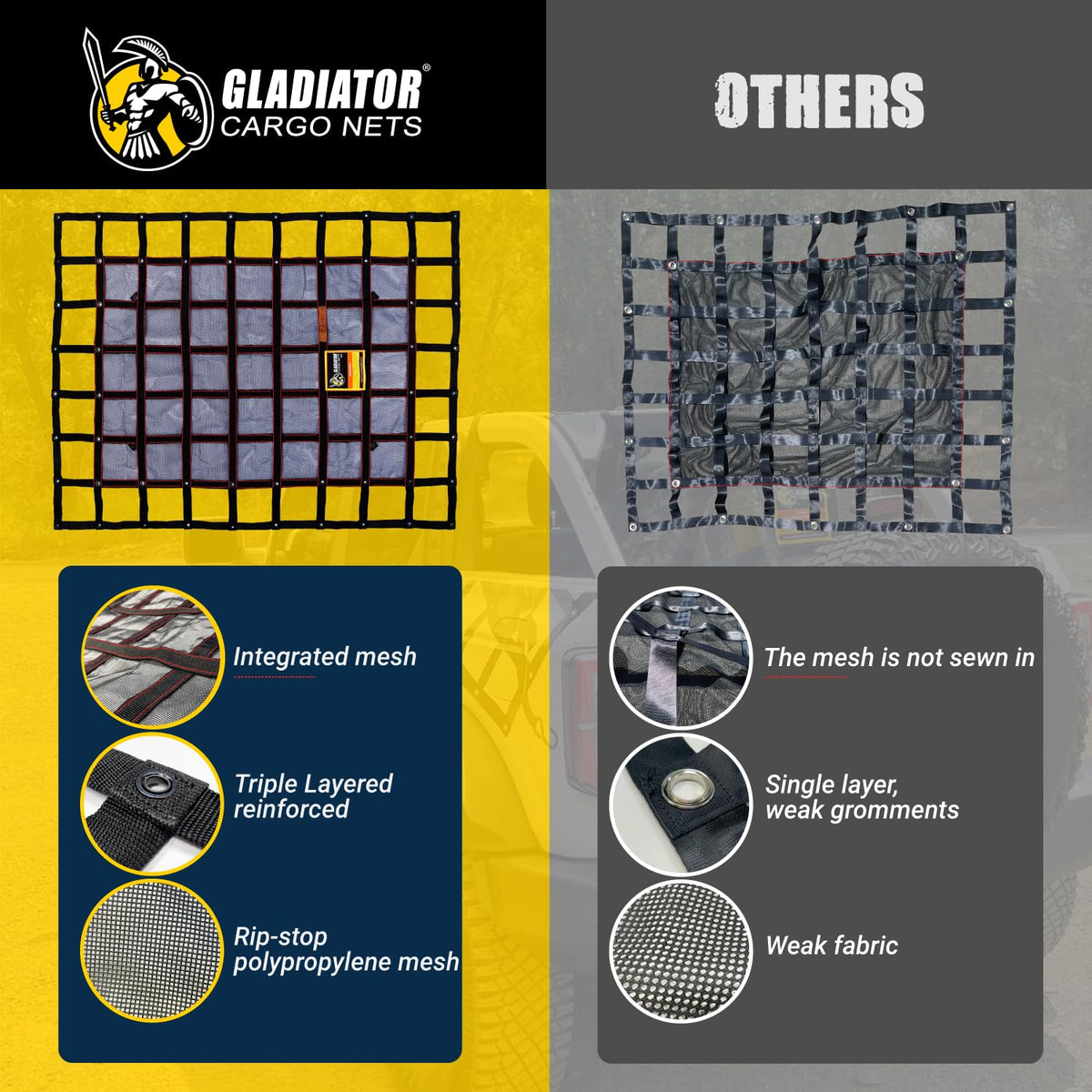 Gladiator Cargo Nets stored in oversized bag for tangle-free transport and quick deployment