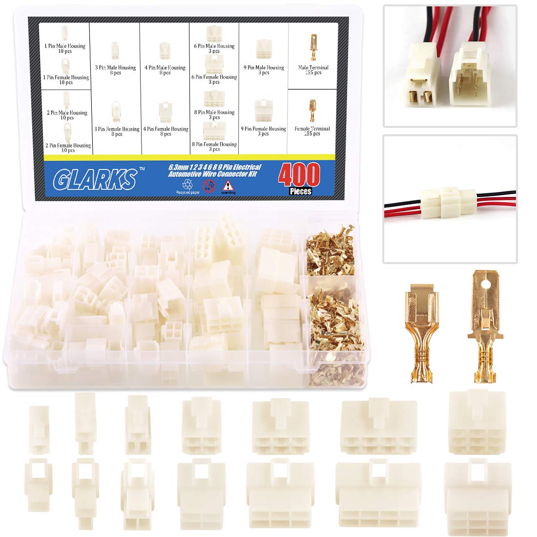 Glarks front packaging showing the 400pcs connector kit and easy storage benefit