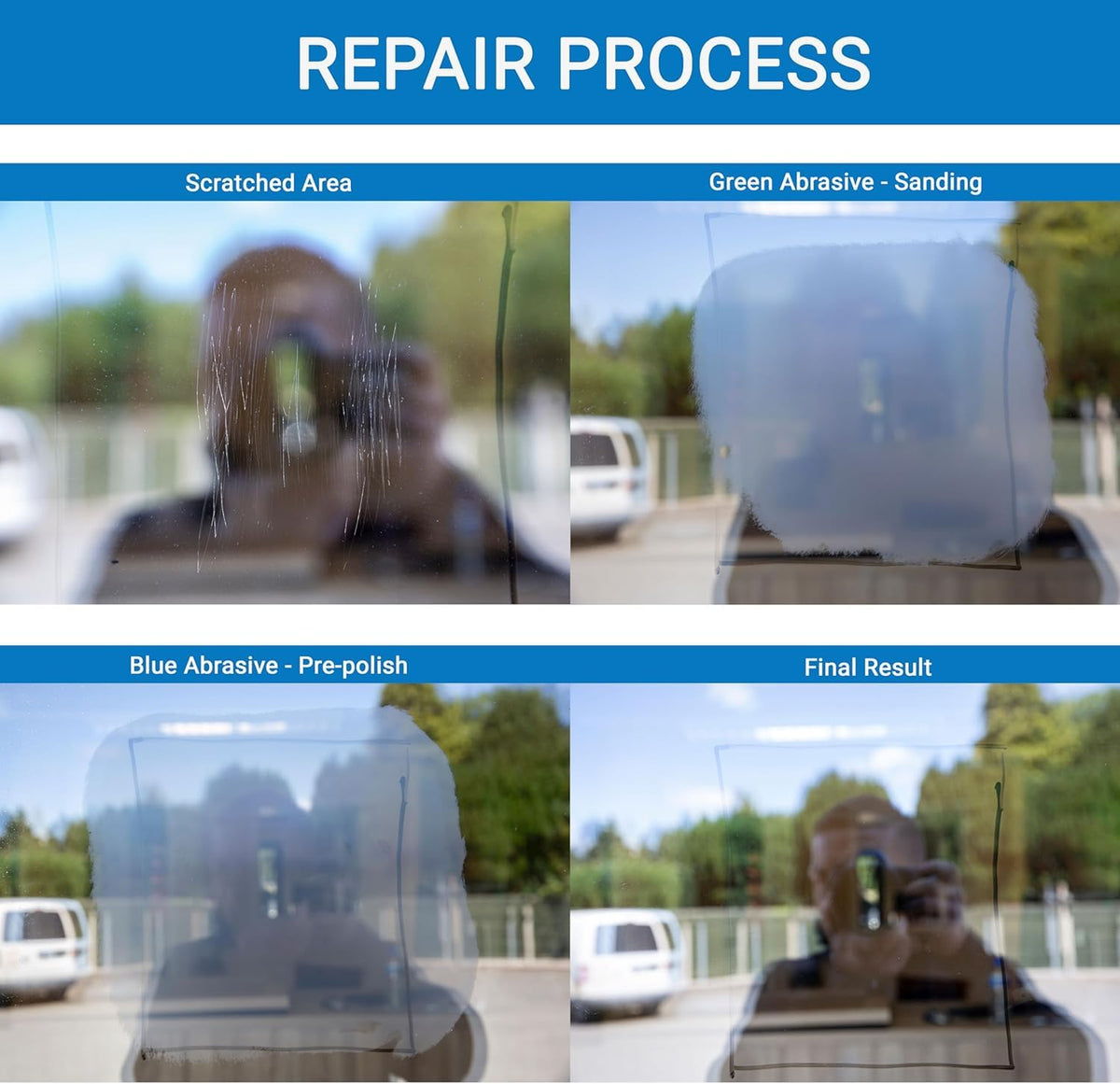 Glass Polish used on an automotive windscreen showing scratch removal in progress
