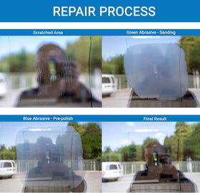 Glass Polish used on an automotive windscreen showing scratch removal in progress