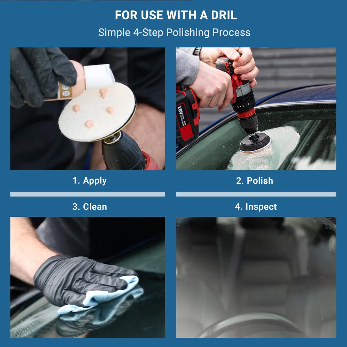 Glass Polish in use with drill demonstrating smooth polishing action
