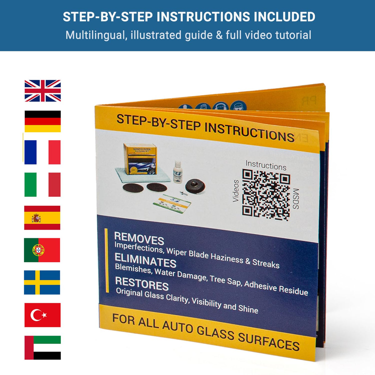 Glass Polish instruction sheet and QR code for step-by-step help