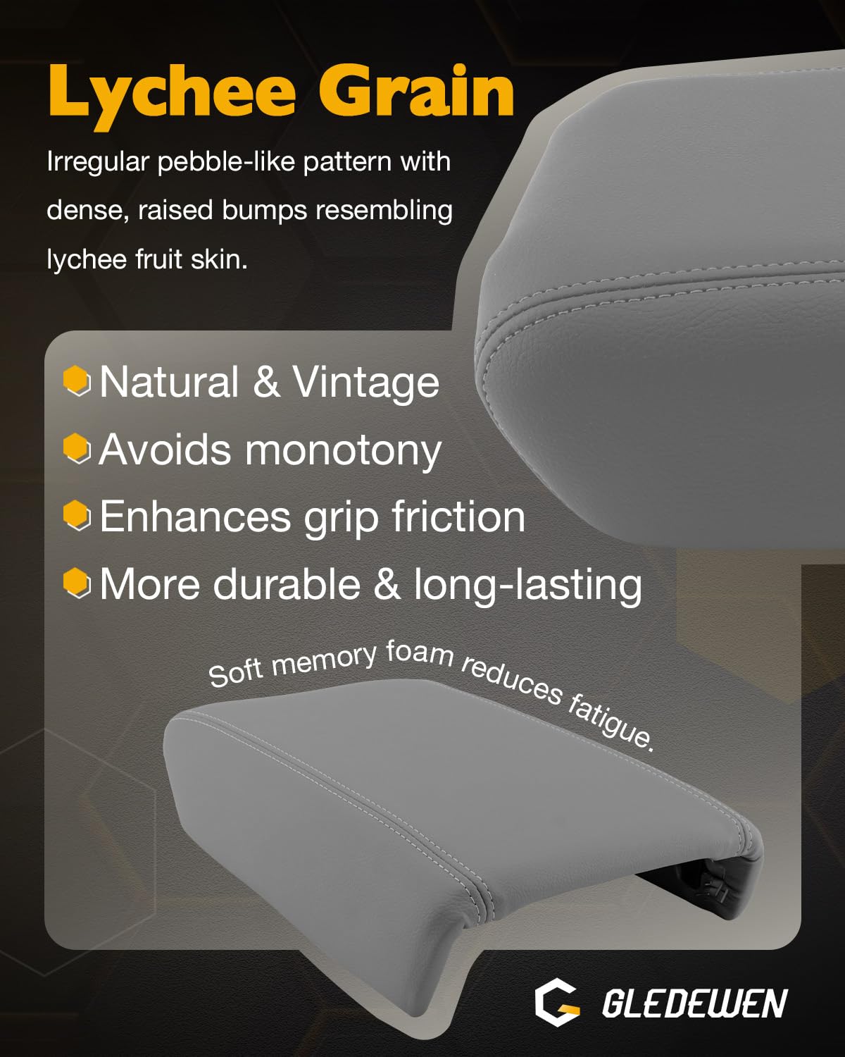 Gledewen texture and stitching detail highlighting durable finish benefit