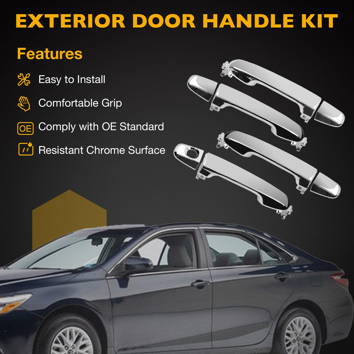 Gledewen rear left handle highlighting exact fit for Camry and renewed appearance benefit