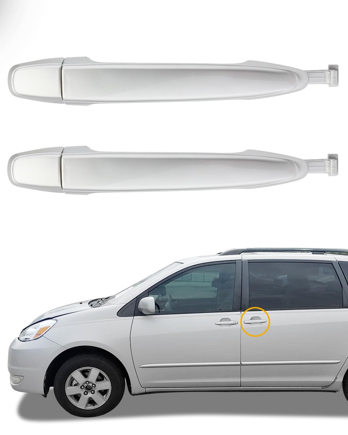 Gledewen front view of chrome rear sliding door handles showing packaged pair and benefit of direct-fit replacement