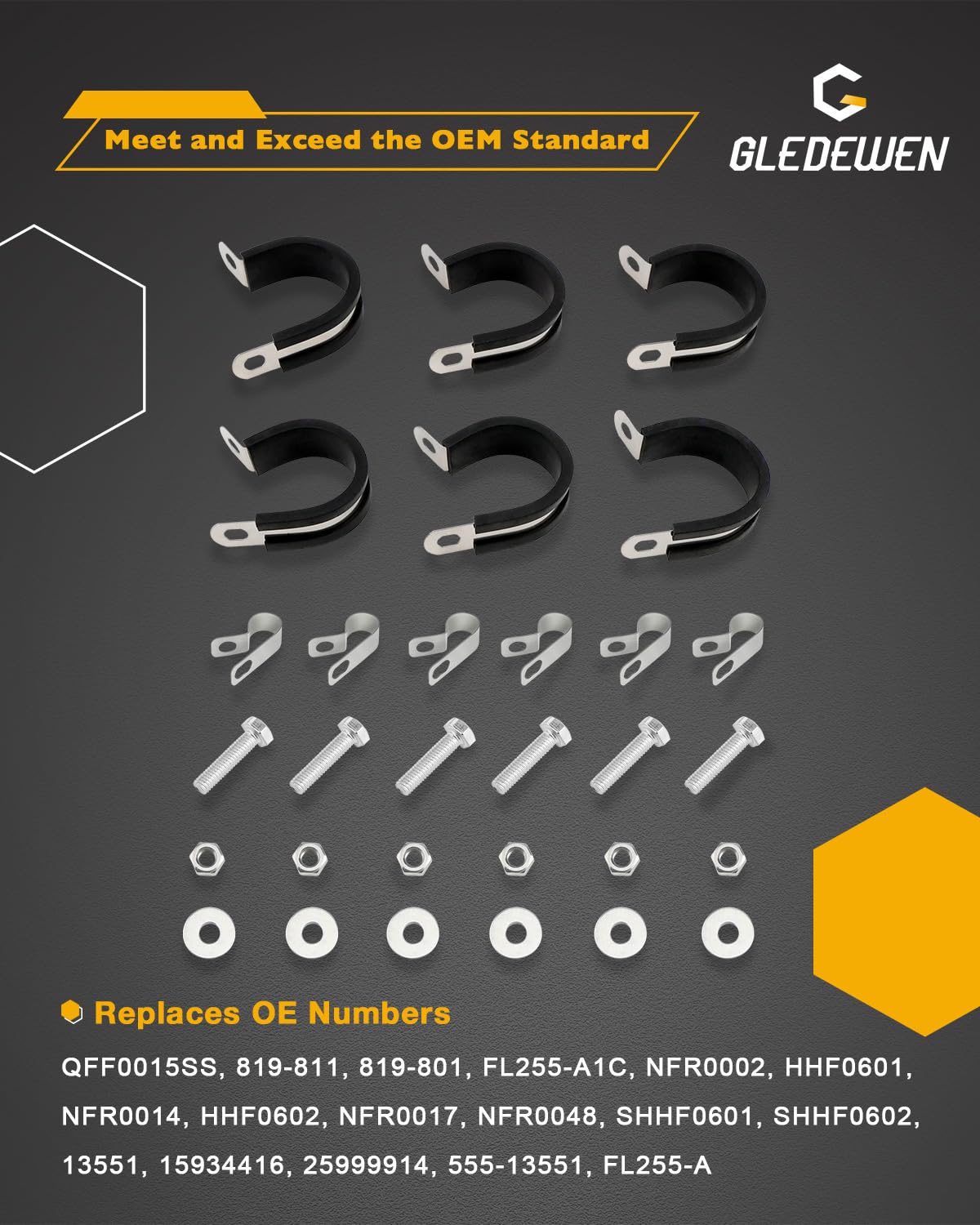 Gledewen hose retainers and mounting clips laid out for easy installation benefit