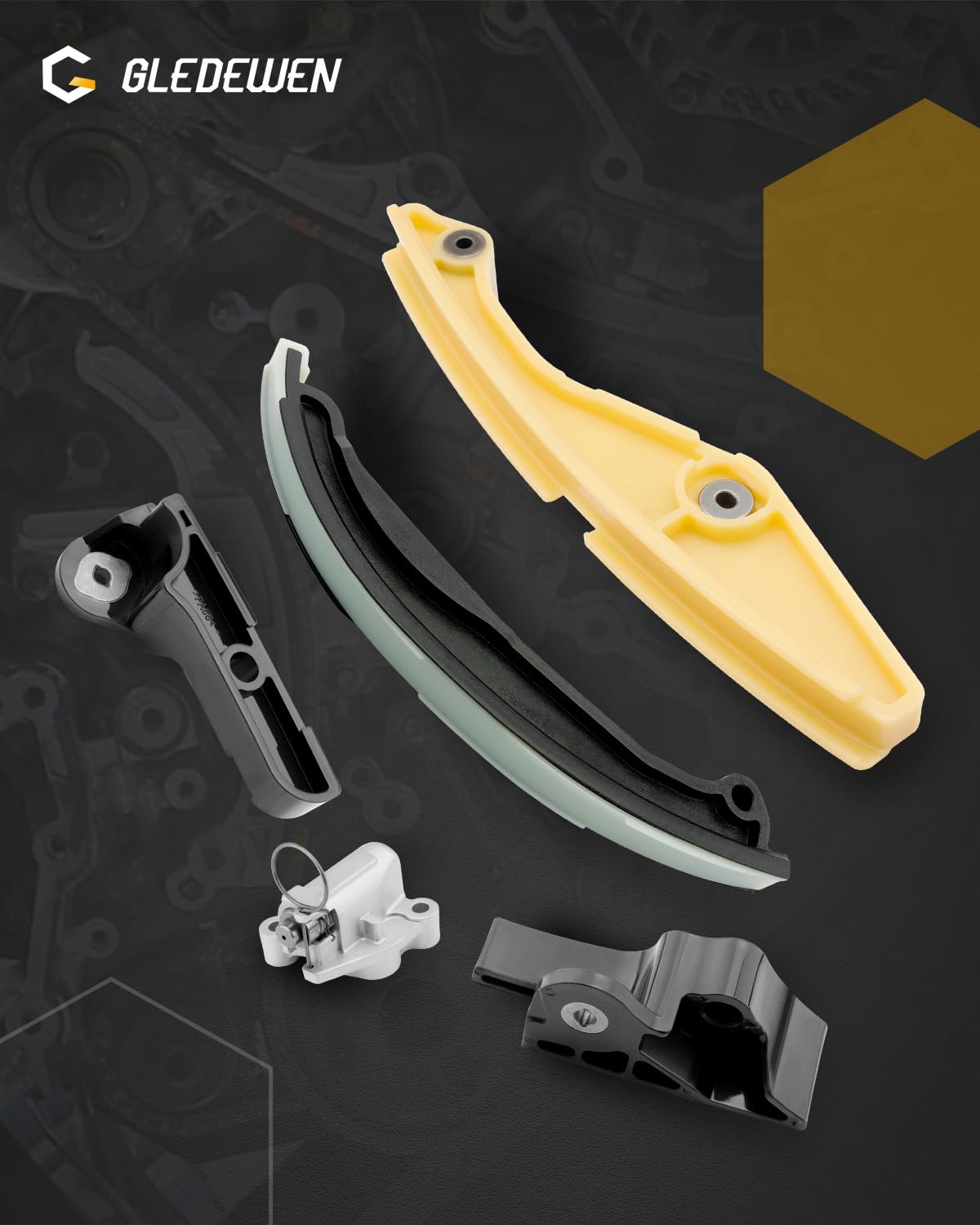 Gledewen timing kit components installed on engine front illustrating correct fitment