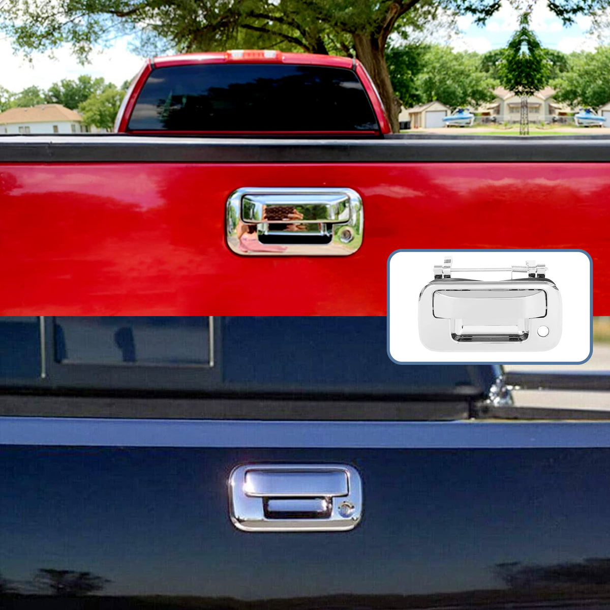 Gledewen tailgate handle on truck in garage showing upgraded appearance benefit