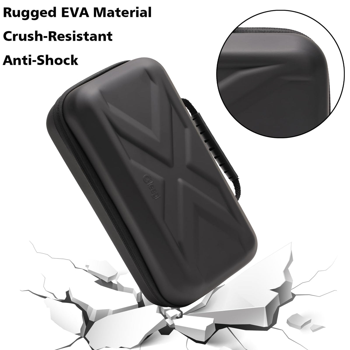 Gleegi case next to a hand to show compact scale and portability