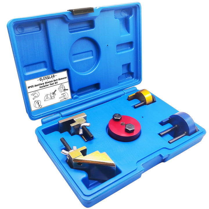 GLEXQLAO front view of 5-piece stretch belt toolset showing all components and benefits