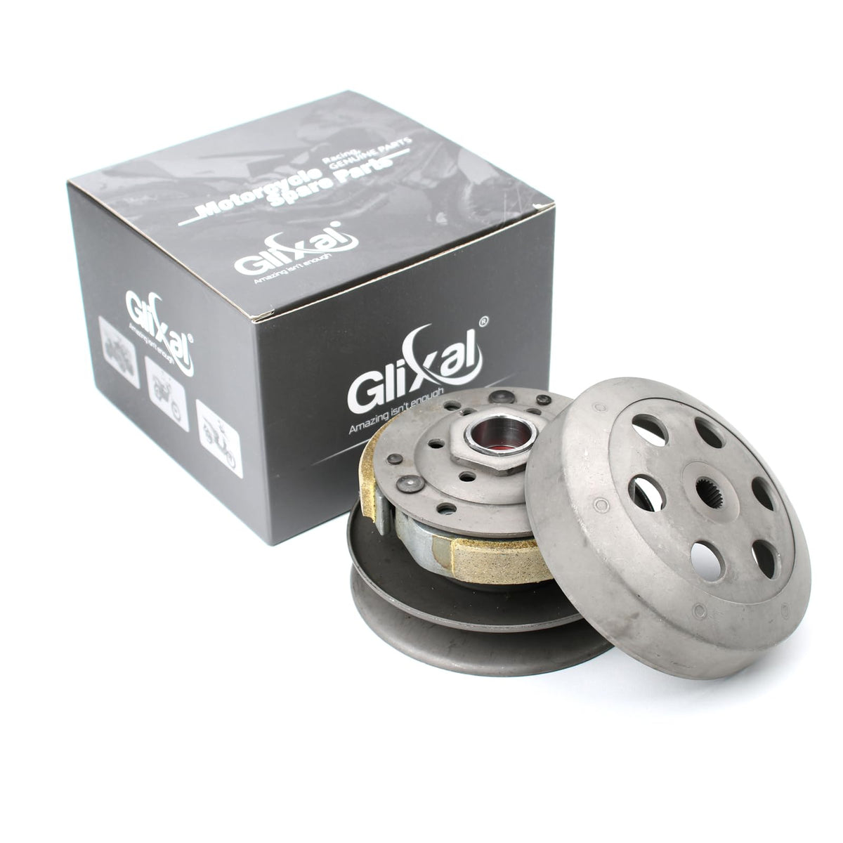 Glixal front assembly showing pulley and bell for reliable drivetrain fit