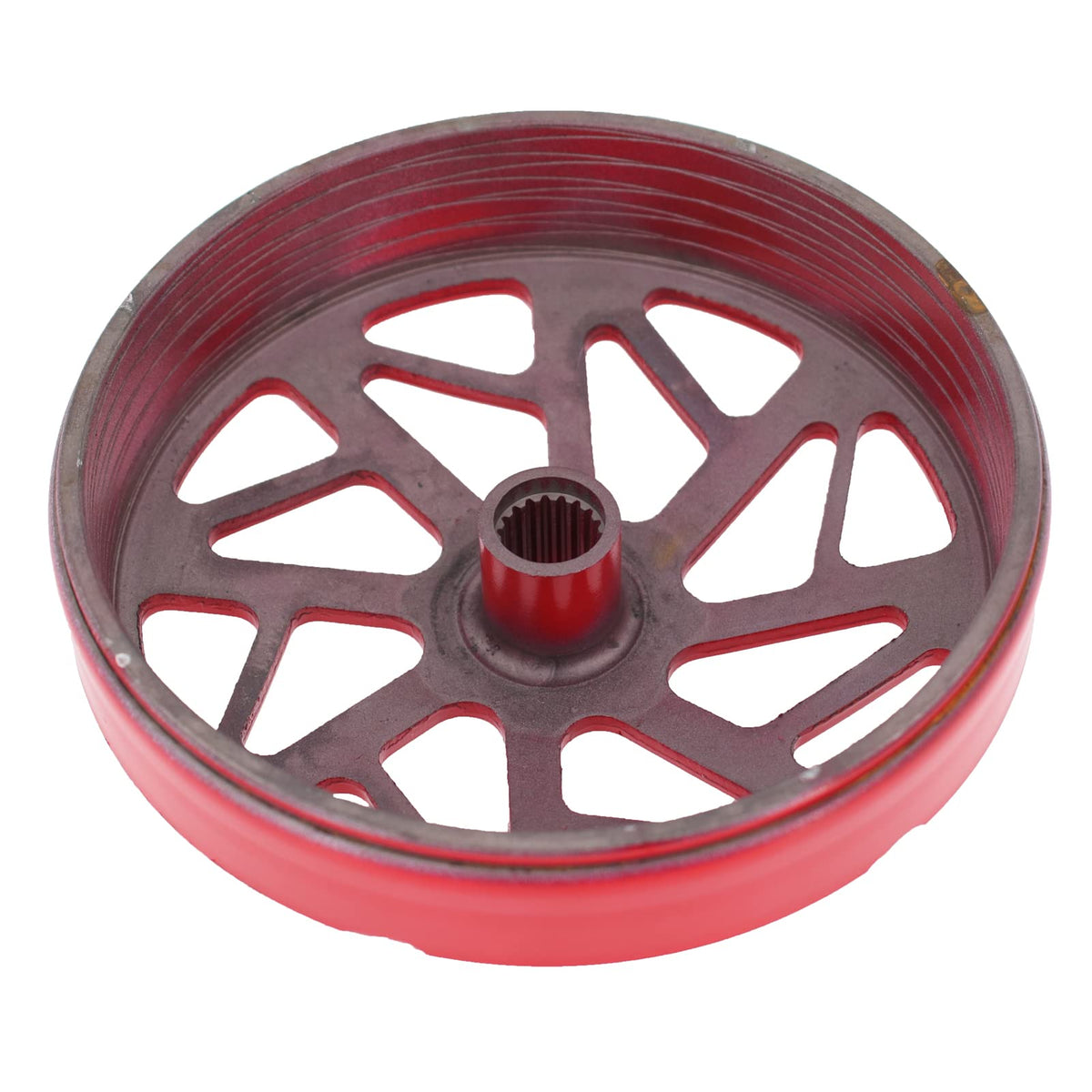 Glixal clutch bell beside stock drum for quick size and weight comparison