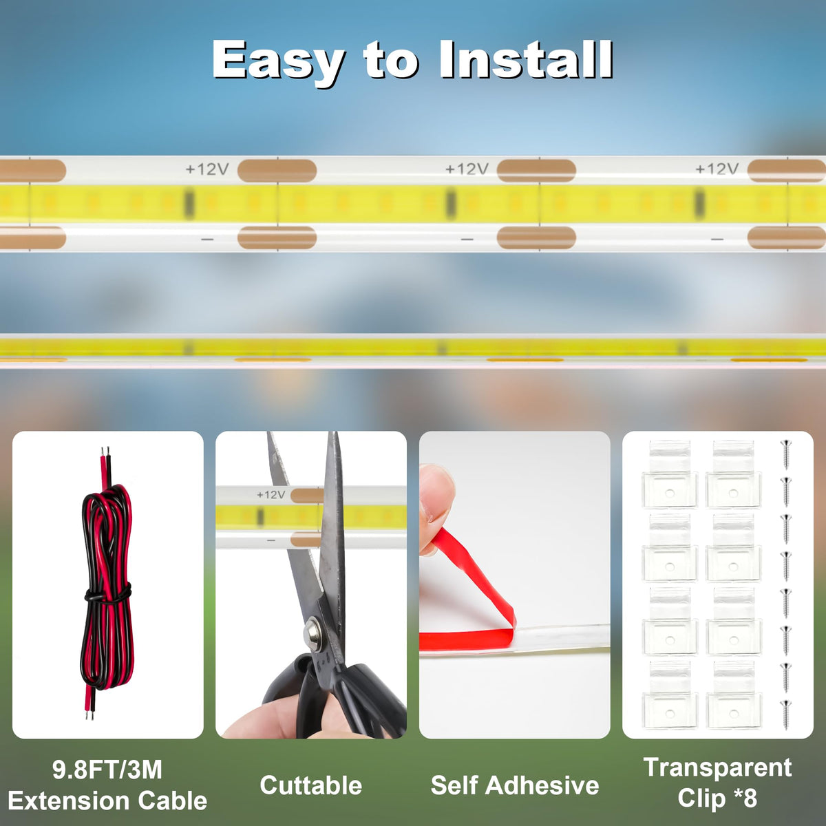 Gliztech extension cord and clear mounting clips neatly displayed for simple installation
