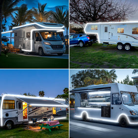 Gliztech lifestyle campsite scene with awning lights creating cozy, well-lit outdoor space