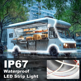 Gliztech mounted awning lights on RV showing improved campsite visibility and safe entry