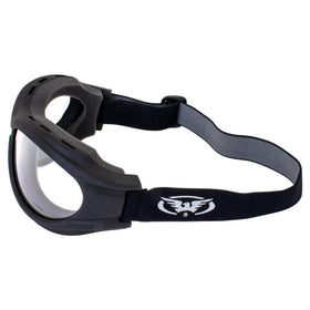 Global Vision goggles being worn with a motorcycle helmet illustrating helmet fit