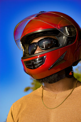 Global Vision goggles worn under helmet showing compatibility benefit