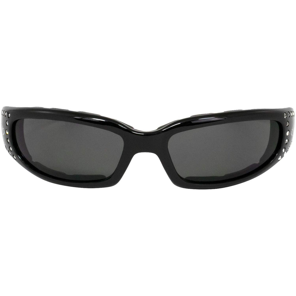 Global Vision close-up of rhinestone accents on frame for stylish appeal