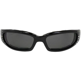 Global Vision close-up of rhinestone accents on frame for stylish appeal