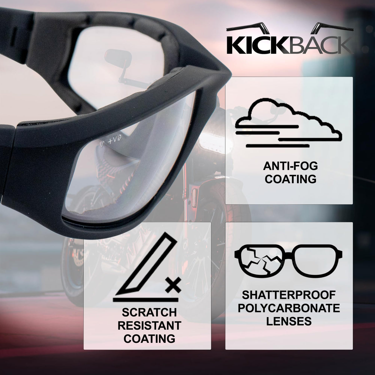 Global Vision worn on motorcycle showing helmet compatibility and wind protection